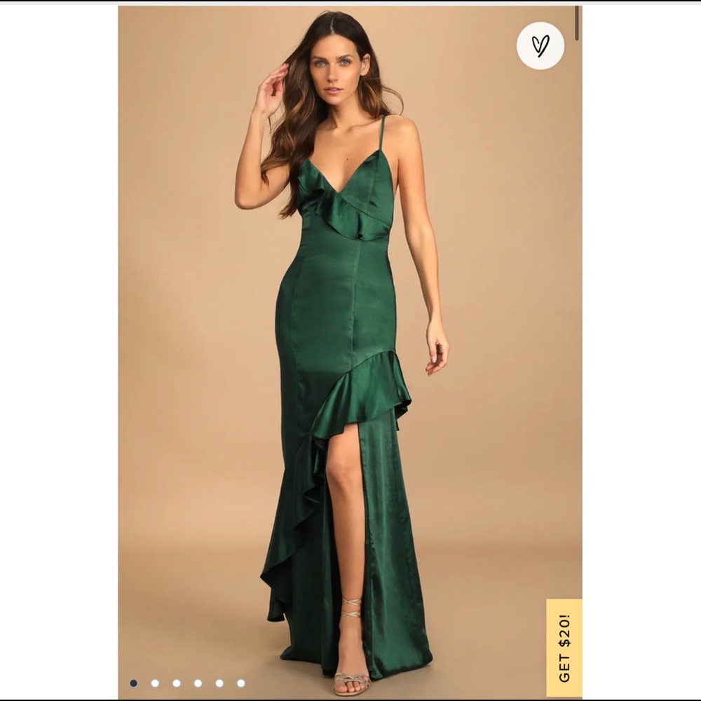 Lulu’s Green Satin Maxi Wedding Guest Dress
